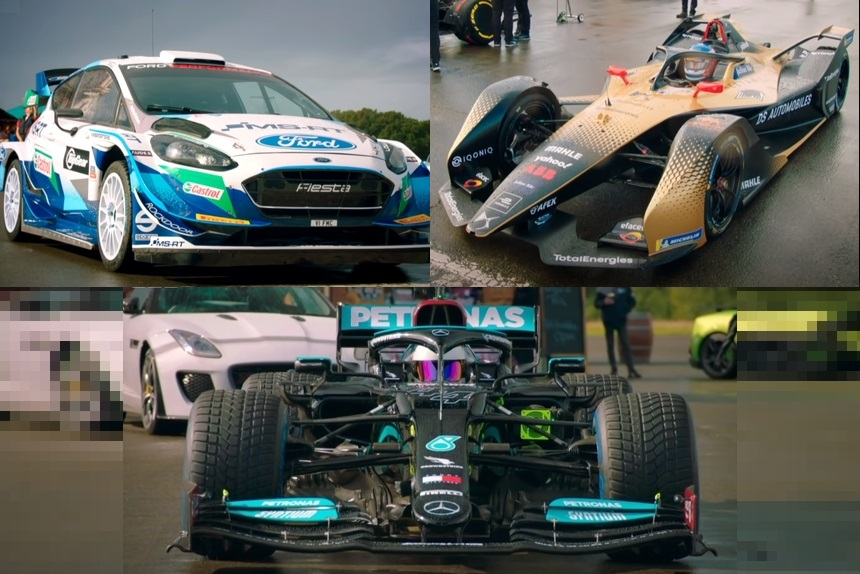 Драг-заезд на мокрой трассе с участием болидов Формулы-1, Формулы E и автомобиля WRC. Кто победит?
