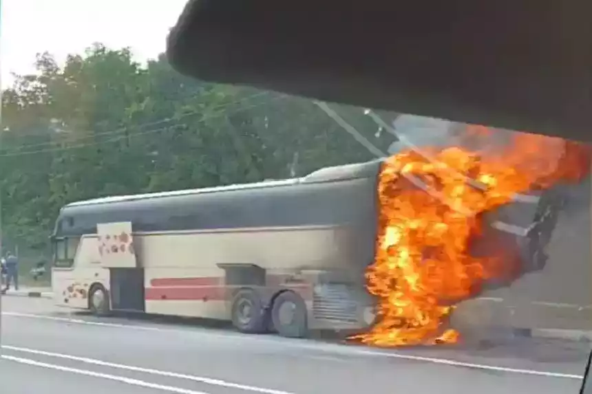 Туравтобус из Беларуси сгорел на трассе «Дон» в Липецкой области