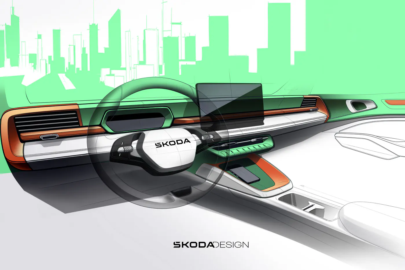 Салон электрического кроссовера Skoda Epiq показали на скетчах